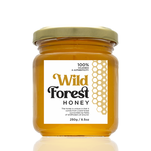 The Bees Need You! Wild Forest Honey Label Design. Design by Leila Amorim