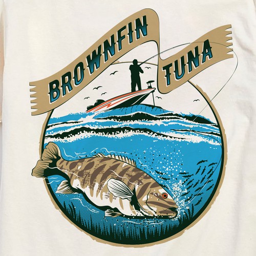 Smallmouth bass apparel logo design brownfin tuna with offshore boat  above smallmouth, T-shirt contest