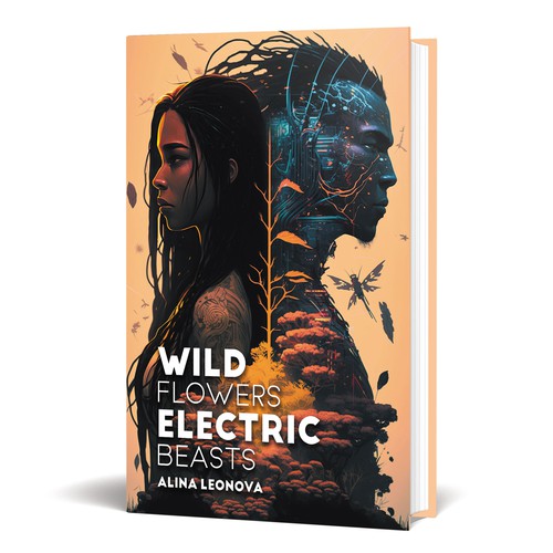 A cover for a sci-fi book with 2 species of humans (a tribal & a high-tech one), solarpunk aesthetics & wild nature Design by Particular