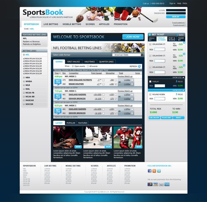 Create a fresh, new and modern Sportsbook website! Web page design