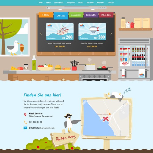 FUNNY web design needed for our snack bar with pedalo & boat rental. The design should be built around our illustration Design by j u s t e