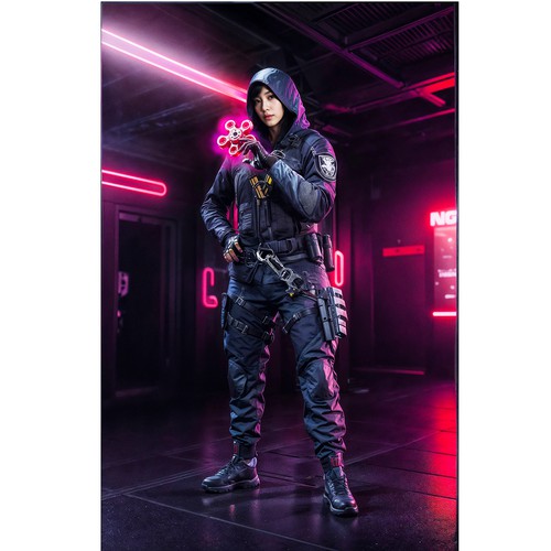 Illustration of a mysterious fearless powerful female video game character Design by Sign Relation