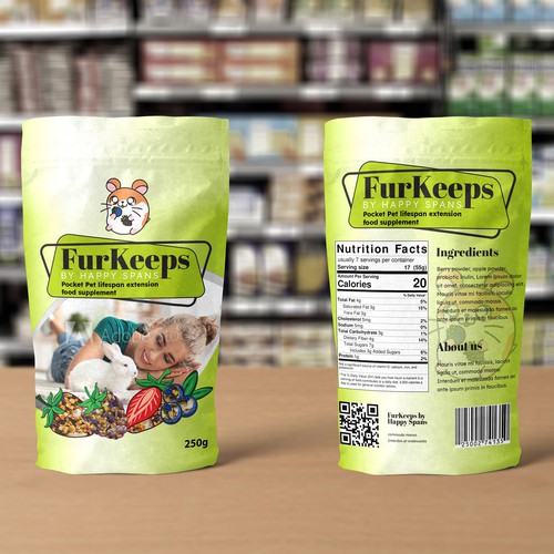 Create a fun Pocket Pet supplement label evoking a desire to maximize their lifespan. Design by Kasia Zwiech