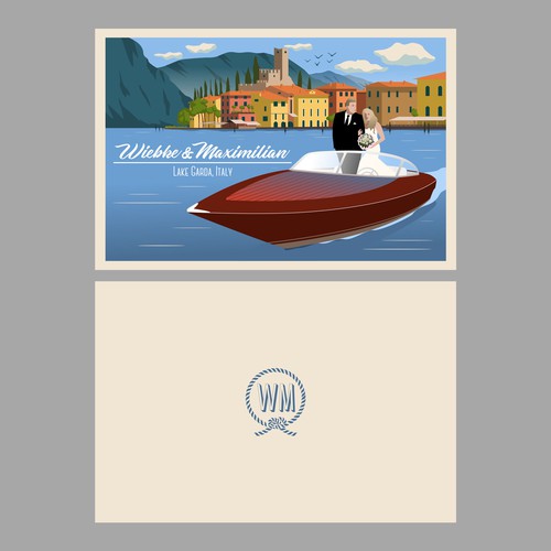 Stylish Colourful Vintage-Travel-Poster-Style German-Italian Wedding Invitation Card Design by Mr.SATUDIO