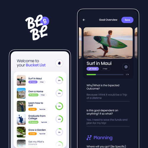 "Modern and appealing bucket list app design" Design by Makak._.Studios
