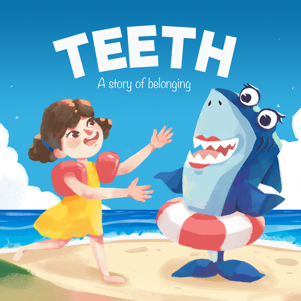 Illustrate a front cover for our children's story book about a Shark!
