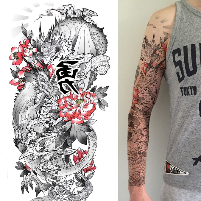 Double dragon full arm sleeve tattoo | Tattoo contest