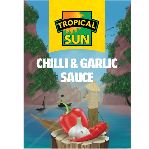 Design Tropical Sun Chilli & Garlic Sauce Label Digital Painting di Kriio.designs