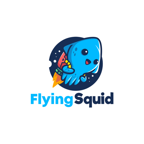 Logo of a squid wearing a jetpack for product named FlyingSquid Design by palugongso