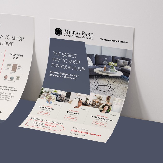 Design a mailbox flyer for an online interior design company Postcard