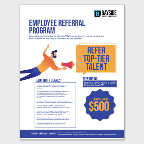 need a flier to announce awesome employee referral program target demo young tech support agents Design by Hasham_Design