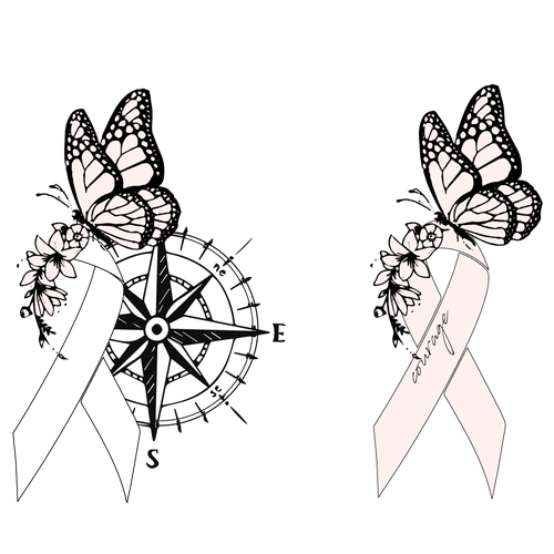 Illustration tattoo with butterfly, flowers, and a breast cancer ribbon |  Tattoo contest | 99designs