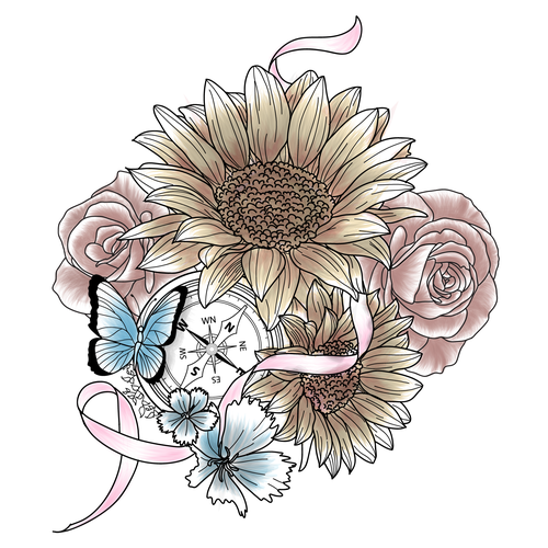 Illustration tattoo with butterfly, flowers, and a breast cancer ribbon, Tattoo contest