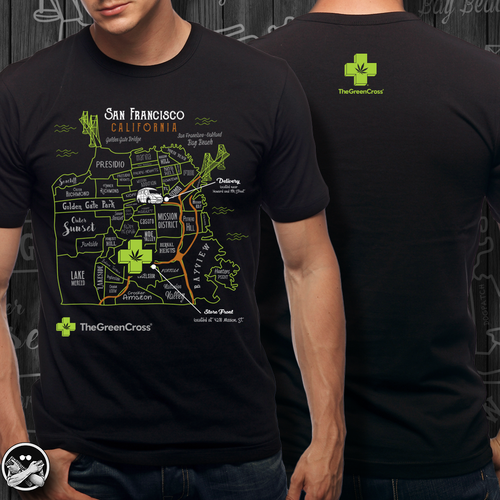 Create a vibrant San Francisco map-themed t-shirt for The Green Cross! Design by xzequteworx