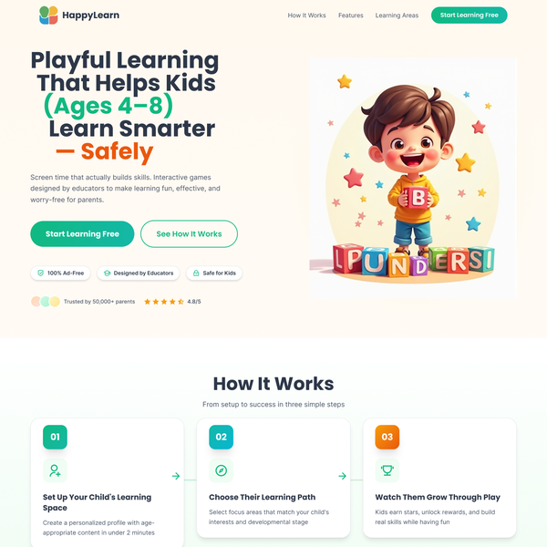 HappyLearn – Educational Landing Page Design for Kids (Ages 4–8)