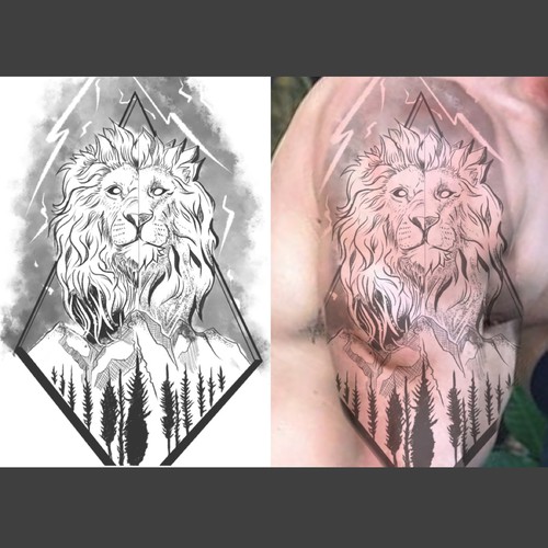 Mountain, lion and a lightning tattoo (right-side shoulder to arm) Design by osworkdesign