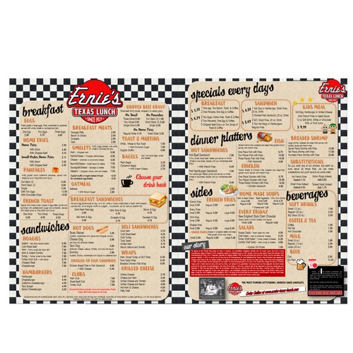 Ernies Texas Lunch 50s Diner Menu Redesign | Menu contest