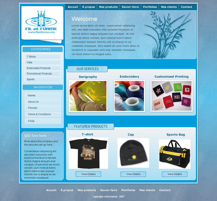 Website template for silk screen printing, embroidery, etc. Web page