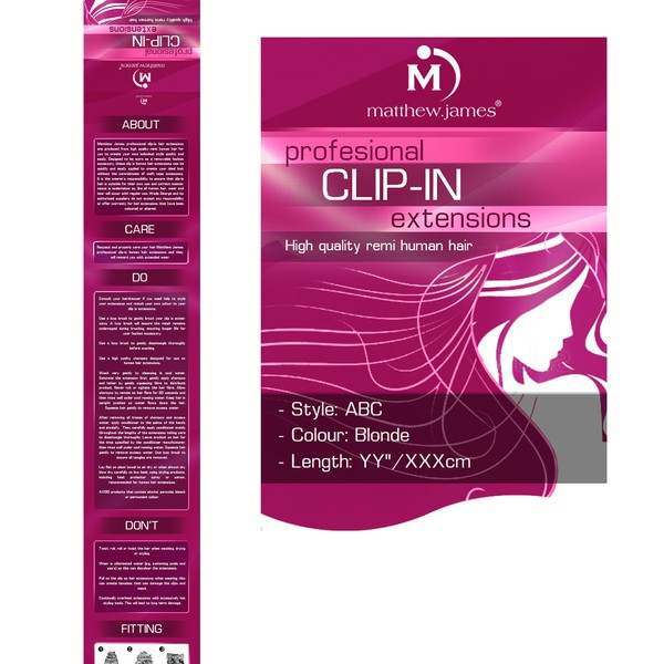 Design by CVelez titled "profesional clip in hair extensions packaging"