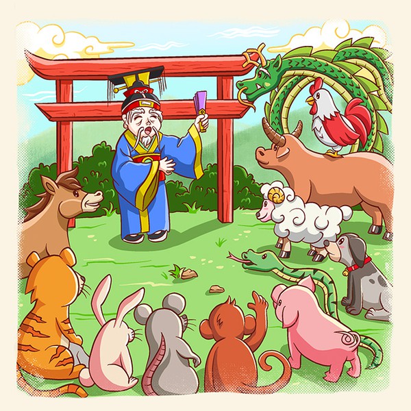 Children book illustration: The race of 12 Zodiac