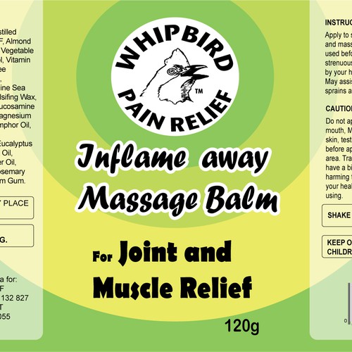 Create the next product label for Whipbird Pain Relief Pty Ltd Réalisé par isaac newton