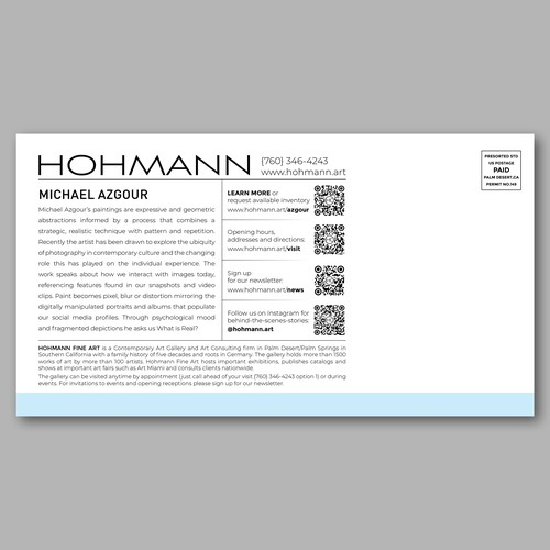 Artist postcard for contemporary art gallery Design by SWallDesign