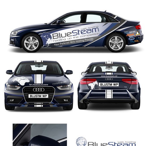 Sporty,Racy,Sexy car wrap needed for BlueSteam. Winner will have "designed by"!! Design by MaximaDesign