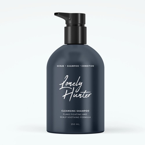 Minimalist shampoo bottle design for approachable male hair brand Design by Katyaa