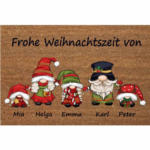 Christmas themed doormat with the family of Santa Clause Design by Katerina Bolukbasi