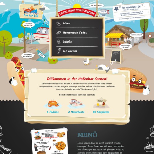 FUNNY web design needed for our snack bar with pedalo & boat rental. The design should be built around our illustration Design by j u s t e