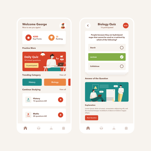 Design 2 screens for a Quiz App Diseño de emrescr