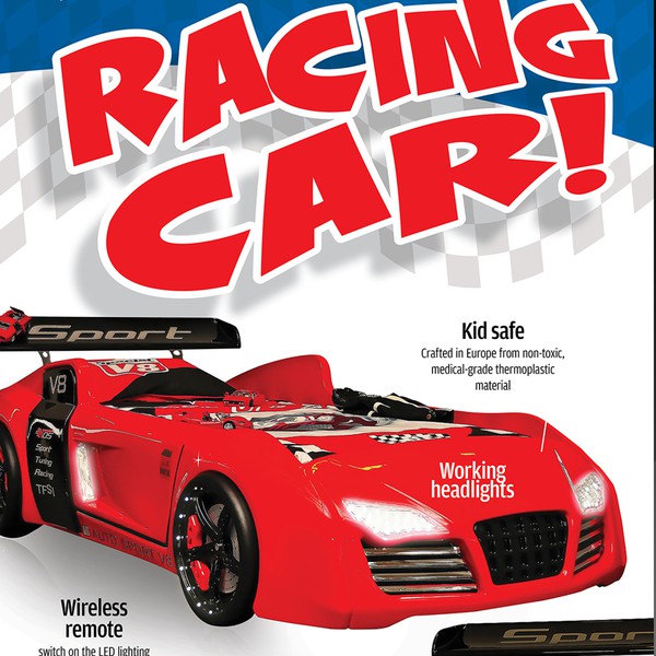 Trade show banner for racing car beds