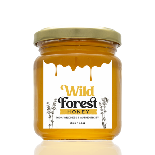 The Bees Need You! Wild Forest Honey Label Design. Design by Leila Amorim