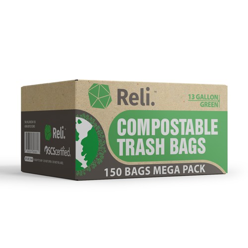 Reli. Eco-Friendly Compostable 13 Gallon Biodegradable Trash Bags (150 Bags)  13 Gallon Compostable Trash Bags (Green) 