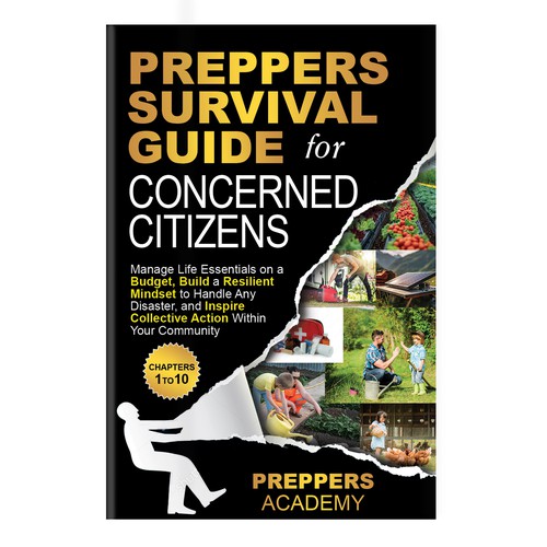 Unique book cover design for a preppers survival guide book that also conveys subject matter Design by Lizaa