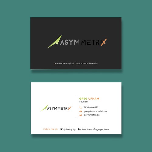Design a cool, edgey but sophisticated business card for an alternative investment firm. Design von Saman Osama