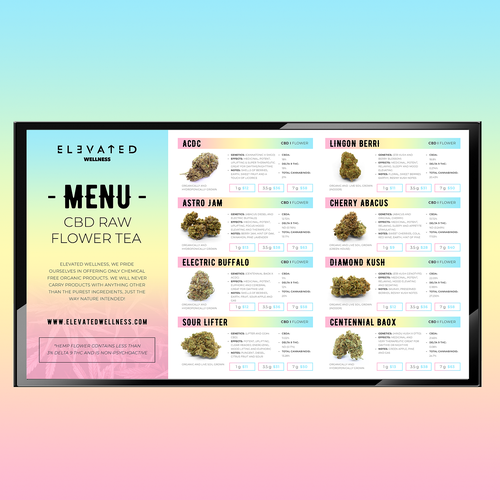 Flashy Cannabis Menu that highlights our Flower options Design by 99B