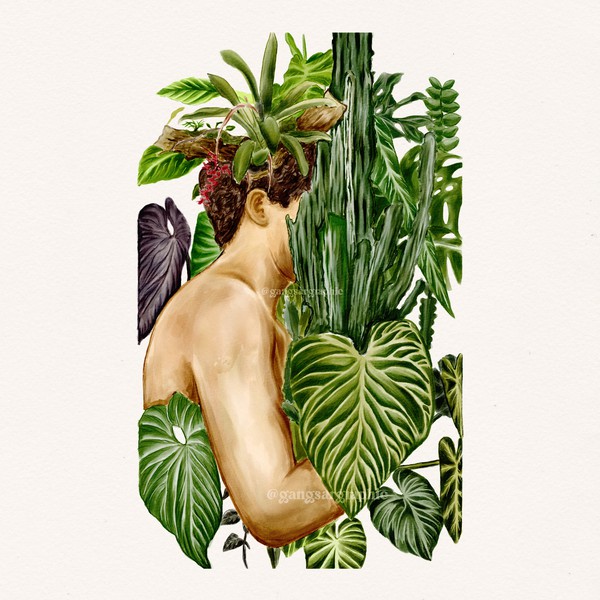 Melancholy Man in Nature | Botanical Watercolor Illustration