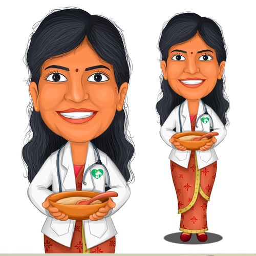 Design an attractive caricature of  "doctor mom, Dr Hema " for a healthy organic indian baby food br Design by mons.gld