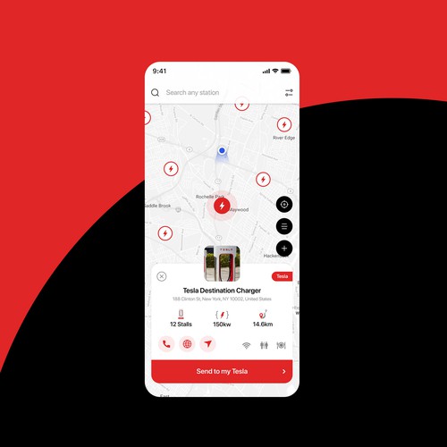 Tesla App to localise charging point on a map Design by Uzeir Mansuri