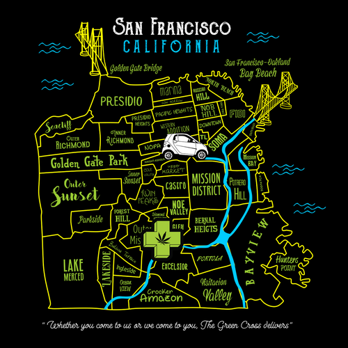 Create a vibrant San Francisco map-themed t-shirt for The Green Cross! Design by xzequteworx