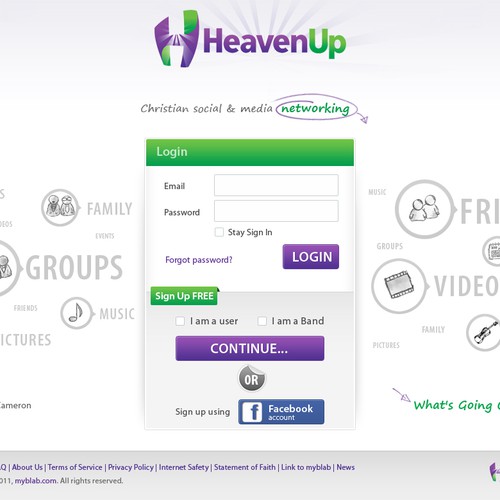 HeavenUp.com - Main Home Page ONLY! - Christian social and media networking site.  Clean and simple!    Design by 3dicon