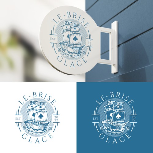 Board game bar logo with tavern design, inspired by vintage ice breaker boat atmosphere - official name is "Le Brise-gla Design réalisé par Logo Stadium