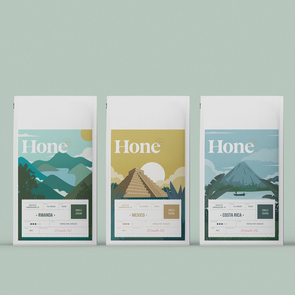 Design by Unigram titled "Coffee Bag Label Design for Hone Foods"