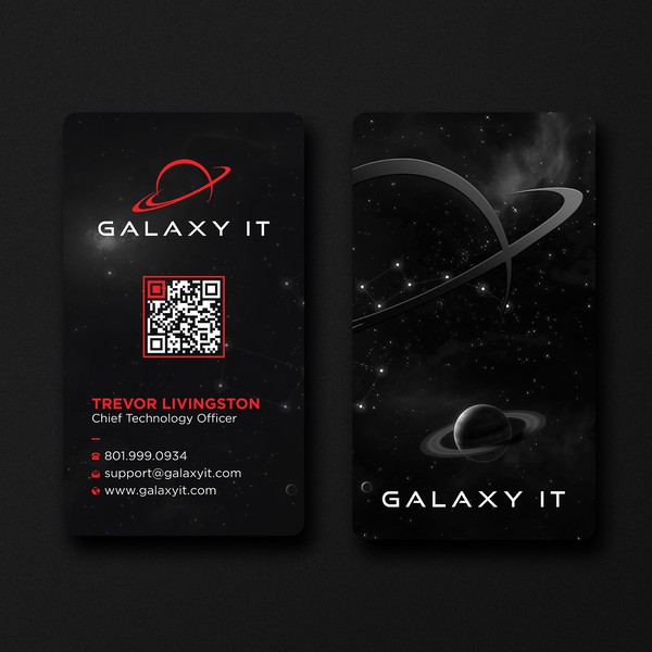 Diseño de Brandmaker artist titulado "Stellar Space-Themed Business Card for Galaxy IT"