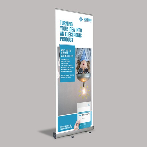 Design of a roll-up banner for a trade-fair introducing our Electronic Design Agency! Design by Creativity symbol