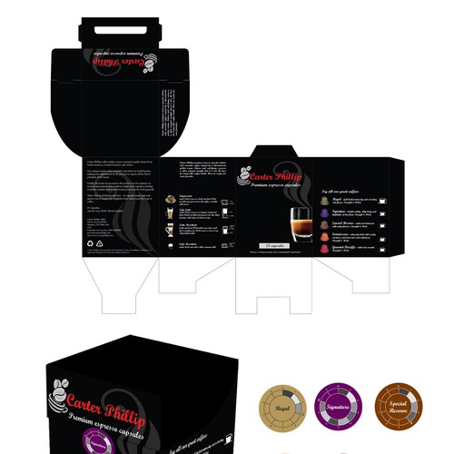 Design an espresso coffee box package. Modern, international, exclusive. Diseño de dankataa