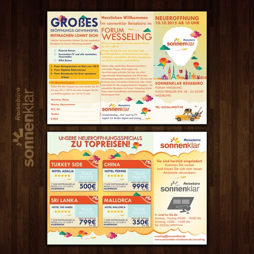 Travel Agent Flyer Reopening Sonnenklar Reiseburo Wesseling Flyer Neueroffnung Postcard Flyer Or Print Contest 99designs