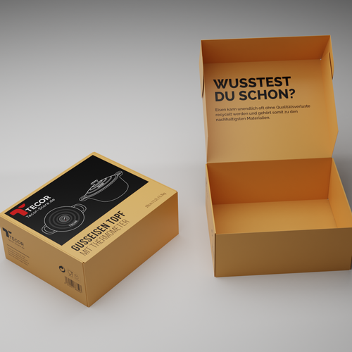 Packaging design for a cast iron pot with Thermometer from TECOR.  Logo available!! Design by babibola