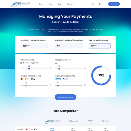 Design a landing page for a credit card processing comparison calculator. Design by Yevhen Medvediev